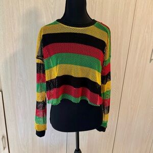 Vintage Objex Multicolor Mesh Striped Cropped Long Sleeve Top